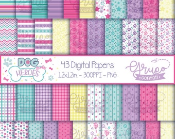 Dog Girls Heroes Digital Papers, Digital Download, Seamless patterns
