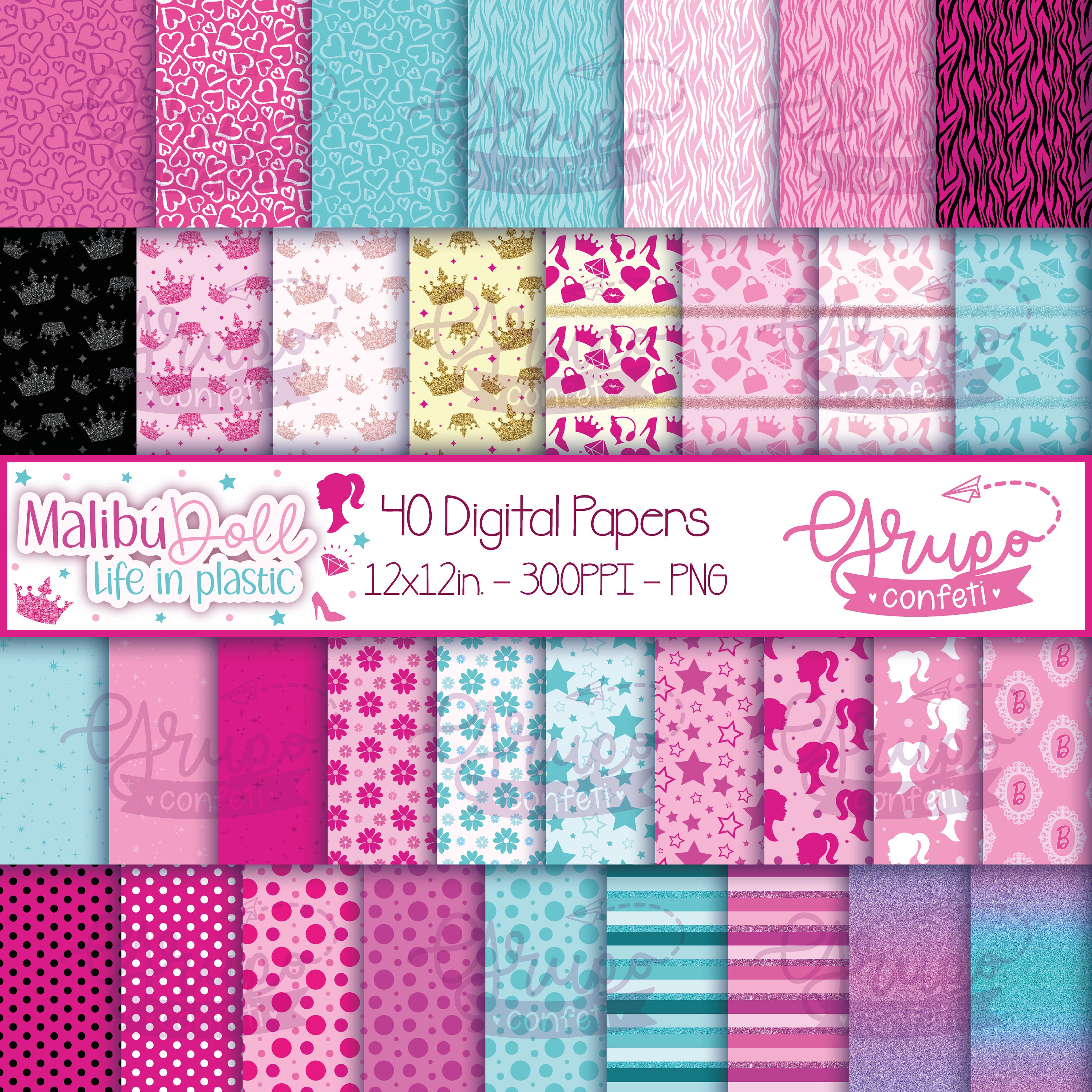Digital Paper Barbie, Glitter Paper Seamless Texture Patterns, Scrap  Booking, Commercial Use 