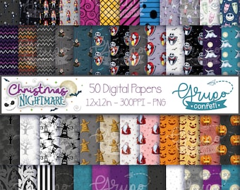 May include: A set of 50 digital papers featuring a Christmas Nightmare theme. The papers are 12x12 inches and 300 DPI. The papers feature various characters and patterns, including Jack Skellington, Sally, Oogie Boogie, and Christmas trees. The papers are perfect for scrapbooking, card making, and other crafting projects.