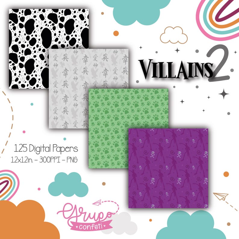 May include: A set of 125 digital papers featuring various patterns, including black and white polka dots, grey with a repeating pattern of Chinese characters, green with paw prints, and purple with a repeating pattern of silhouettes. The text "VILLAINS 2" is in the top right corner of the image. The text "125 Digital Papers 12x12in - 300PPI - PNG" is in the bottom left corner of the image. The text "Grupo confeti" is in the bottom centre of the image.