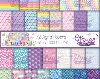Gabby&#39;s Kitten House Digital Papers, seamless patterns, Gabby&#39;s dollhouse inspired, Cakey, Kitty fairy, Pillow, DJ Catnip, Mercat, Catrat