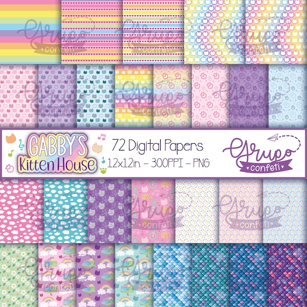 Gabby's Kitten House Digital Papers, seamless patterns, Gabby's dollhouse inspired, Cakey, Kitty fairy, Pillow, DJ Catnip, Mercat, Catrat