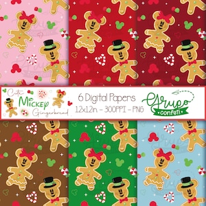 Op de afbeelding: Zes digitale papieren met een schattig Mickey Mouse gingerbread-patroon. De papieren zijn 12x12 inch en 300 DPI. De achtergrondkleuren zijn roze, rood, bruin, groen en blauw. Het patroon bevat Mickey Mouse gingerbread-koekjes, harten, snoepstokken en sterren.