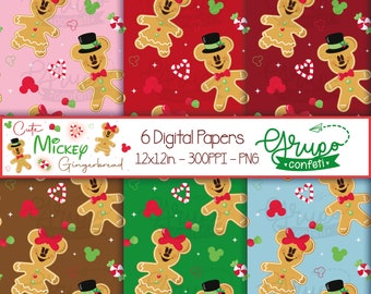 Mickey Gingerbread seamless patterns, Mickey Digital Papers, Mickey Digital Download, Mickey christmas season patterns, mickey head pattern