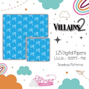 May include: A digital paper pack with 125 seamless patterns featuring a blue background with white silhouettes of villains. The text "VILLAINS 2" is in the top right corner of the image. The text "125 Digital Papers 12x12in - 300PPI - PNG Seamless Patterns" is in the bottom right corner of the image.
