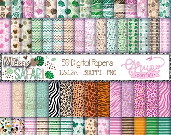 Mickey Mouse Safari Digital Papers, Digital Download, Seamless patterns, Mickey and Minnie Safari digital papers