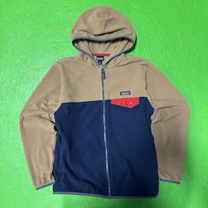 Patagonia Fleece Jacket Youth Large 12 Tan Navy Hooded Full Zip Colorblock Kids