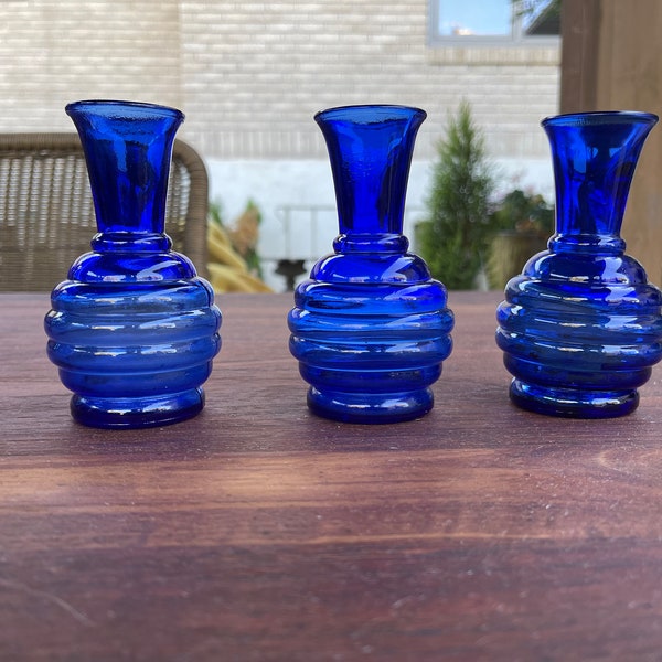 Cobalt Blue Depression Glass Beehive Bud Vases - 3