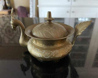 Folk Art Brass Engraved Bird Stout Sugar Bowl