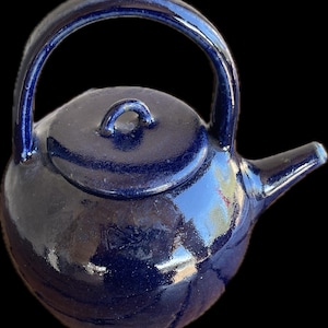 Vintage Blue Glazed Ceramic Stoneware Top Handle Teapot