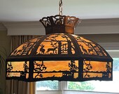 Vintage Eight Panel Blue Green Slag Glass Deer Scenery Motif Hanging Lamp