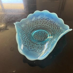 Vintage Blue Opalescent Blue Glass Tri-Fold Dish by Jefferson