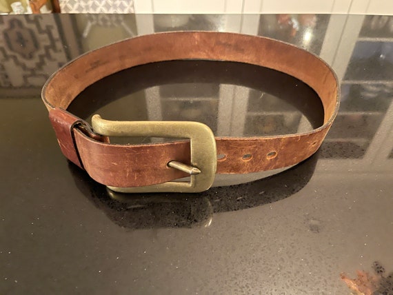 Vintage Men's Soft Cowhide Beige Belt With Huge Brass Buckle 36