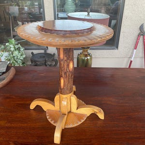 Handmade Carved Wood Plant Stand with Mixed Wood - 14"H