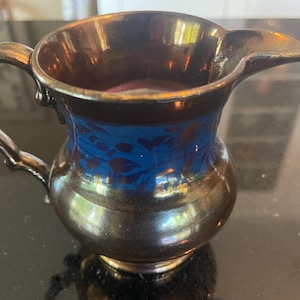 Antique Copper Blue Lustreware Pottery Creamer - 4.25&quot;H