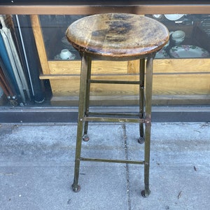 Vintage Industrial Iron Green Enamel Oak Seat Counter/bar Stool