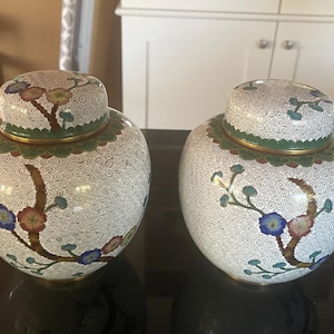 Vintage Chinese Handmade Chinese Enamel Brass Cloisonné Ginger Jars - Pair