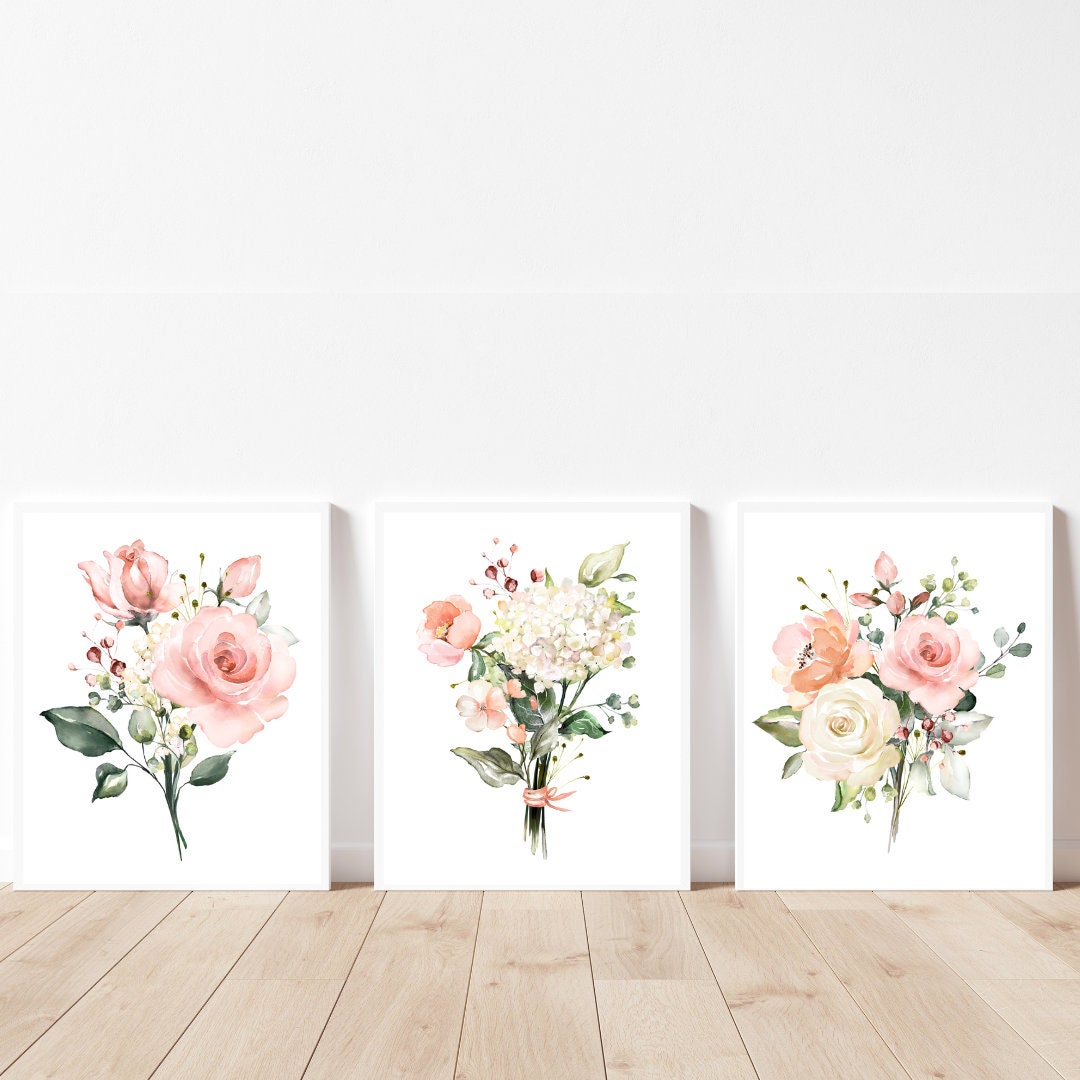 Set of 3 Pink Roses Bouquets Prints Blush Pink Flowers Wall Art Blush ...
