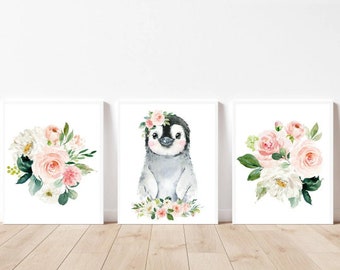 Penguin print set of 3 Nursery wall art Penguin gift Watercolor pink blush nursery decor Cute baby animal print Pink blush peonies printable