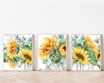 Sunflower print set of 3 Sunflower printable Sunflower wall art Sunflower art print Sunflower print Watercolor Sunflower print download sign