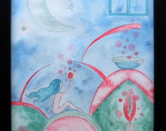 Original watercolor "The Feminine offered", Sacred Feminine, Moon, fomat A4