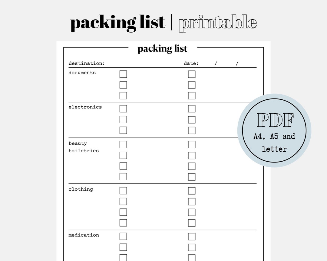 Printable Packing List Printable A4 A5 US Letter - Etsy Canada