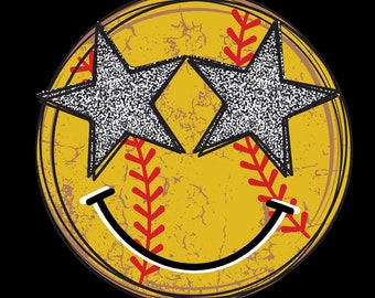 Softball Smiley Face Glitter Stars Distressed PNG
