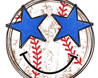 Baseball Smiley Face Glitter Stars PNG ONLY