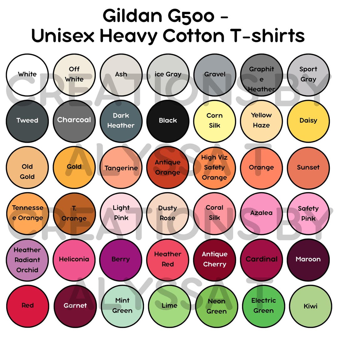 Gildan G500 Tshirt Color Chart - Unisex Heavy Cotton T-shirts - Etsy
