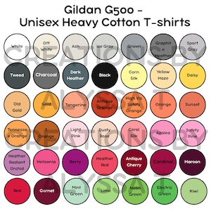 May include: A color chart for Gildan G500 unisex heavy cotton t-shirts. The chart displays a variety of colors, including white, black, and various shades of gray, pink, orange, and green. The text "Gildan G500 - Unisex Heavy Cotton T-shirts" is at the top.