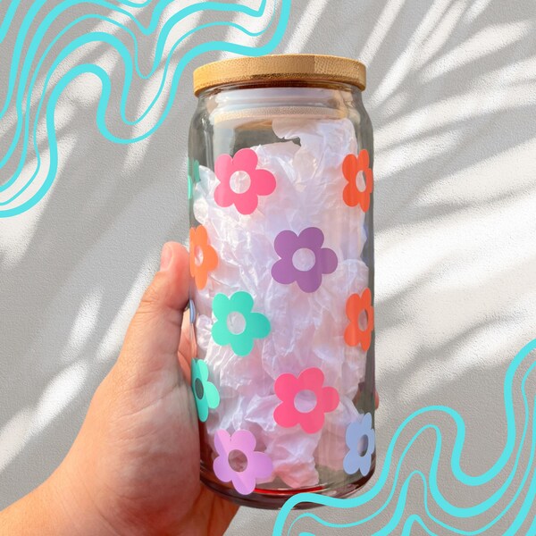 Retro Flower 16oz and 20oz Glass Can | Retro Rainbow | Beer Can Glass | Iced Coffee Cup| Libbey Glass Can| Bamboo Lid and Straw | DKDeesigns