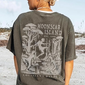 Camiseta Moonscar Island | Camiseta retrô com desenho animado de Halloween, Ilha Zumbi de Louisiana Bayou, presente de Halloween, camiseta com cores confortáveis