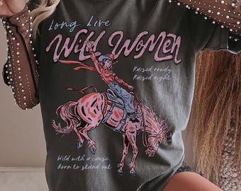 Camiseta vintage desgastada con estampado gráfico "Long Live Wild Women" - Camiseta extragrande para conciertos country