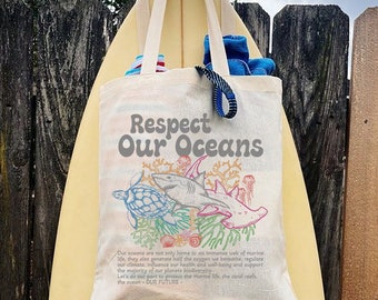 Respect the Oceans Tote Bag - Beach Tote bag Aesthetic Tote bag Y2k Marine Tote with Words Cotton Canvas Tote Bag Shark bag Sea turtle Tote