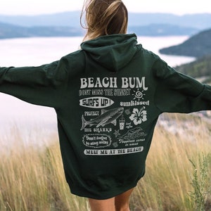 Beach Bum Hoodie Y2k Beach Sweatshirt Shark Hoodie Preppy Sweatshirt Aesthetic Words on back Surf Shirt Iced Coffee Hibiscus Sunkissed shirt