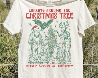 Lurking Around The Christmas Tree Comfort colors Cryptid Creatures Christmas shirt : Retro Xmas Tree shirt - Mothman Xmas Gift