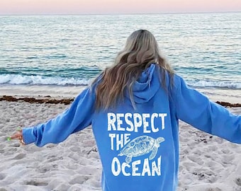 Achtung des Ozean-Hoodie - Ocean Surf-Hoodie Carolina Blue Hoodie Worte auf dem Rücken Schildkröte Sweatshirt Oversize Hoodie
