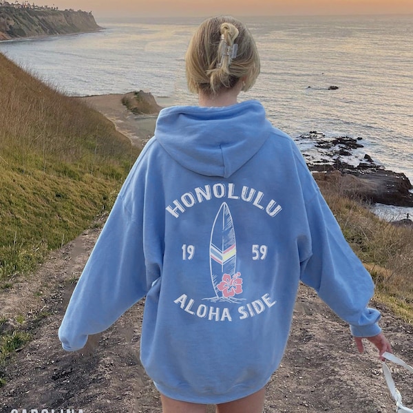 Hawaii Honolulu Hoodie voor vrouw voor man Vintage surfhoodie Esthetische hoodie Blauwe hoodie Trendy Hoody strandsweatshirt