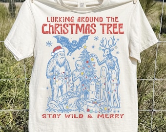 Cryptid Creatures Christmas Tree Comfort Colors® Shirt : 90s Mothman Vintage Camping Hiking Tee
