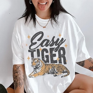 Vintage Look Easy Tiger Tee, Trendy aesthetic comfort colors graphic tee, vintage inspired graphic tee