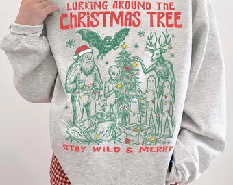 Vintage Cryptid Creatures Xmas Unisex Crewneck Bigfoot Mothman Nature lover Christmas gift Weirdcore Christmas shirt
