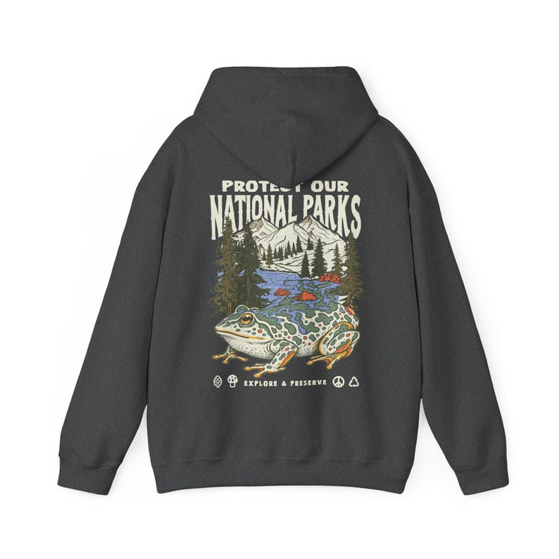 Protect Our National Parks Hoodie Retro Frog Graphic Sweatshirt Granola girl aesthetic pullover Nature lovers - Forestcore Hiking Clothing Dark Heather