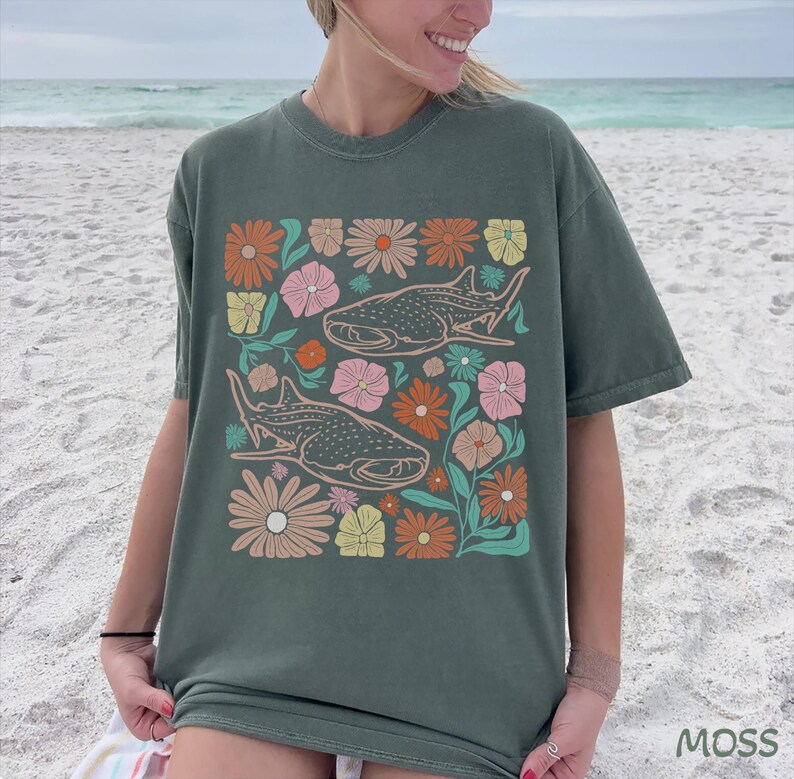 Vintage Bloom Whale Shark Tshirt, Comfort Colors Unisex Tee, Y2K