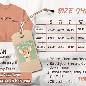 Peut inclure: Tableau des tailles pour un sweat-shirt &agrave; col rond Gildan. Le tableau indique les mesures en pouces pour la largeur, la longueur et la longueur des manches pour les tailles S &agrave; 3XL. Le tableau est sur un fond blanc avec un sweat-shirt couleur p&ecirc;che et une &eacute;tiquette brune avec une illustration de cerf.