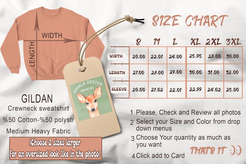 Peut inclure: Tableau des tailles pour un sweat-shirt &agrave; col rond Gildan. Le tableau indique les mesures en pouces pour la largeur, la longueur et la longueur des manches pour les tailles S &agrave; 3XL. Le tableau est sur un fond blanc avec un sweat-shirt couleur p&ecirc;che et une &eacute;tiquette brune avec une illustration de cerf.