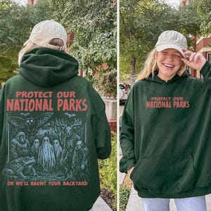 Sudadera con capucha vintage de parques nacionales de críptidos UNSX de los 90, sudadera para proteger nuestros parques, camping y senderismo, camiseta retro Wanderlust, sudadera con capucha de criaturas fantásticas Forest Green