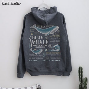 May include: Dark heather grey hoodie with a blue whale graphic on the back. The graphic includes facts about the blue whale, such as its size, weight, and lifespan. The text "Respect and Explore" is printed below the graphic.