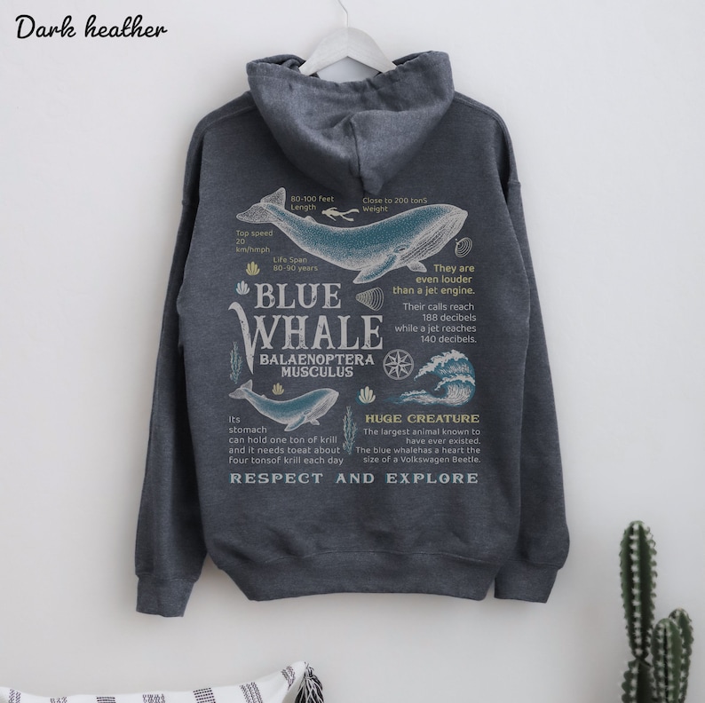 May include: Dark heather grey hoodie with a blue whale graphic on the back. The graphic includes facts about the blue whale, such as its size, weight, and lifespan. The text "Respect and Explore" is printed below the graphic.
