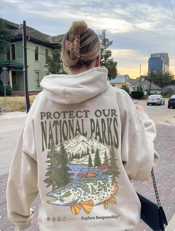 Protect Our National Parks Hoodie Retro Fish Graphic Sweatshirt Granola aesthetic pullover nature lovers gift Forestcore Hiking Clothing