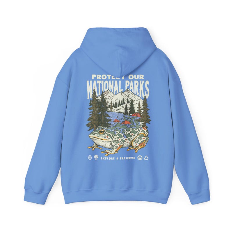 Protect Our National Parks Hoodie Retro Frog Graphic Sweatshirt Granola girl aesthetic pullover Nature lovers - Forestcore Hiking Clothing Carolina Blue